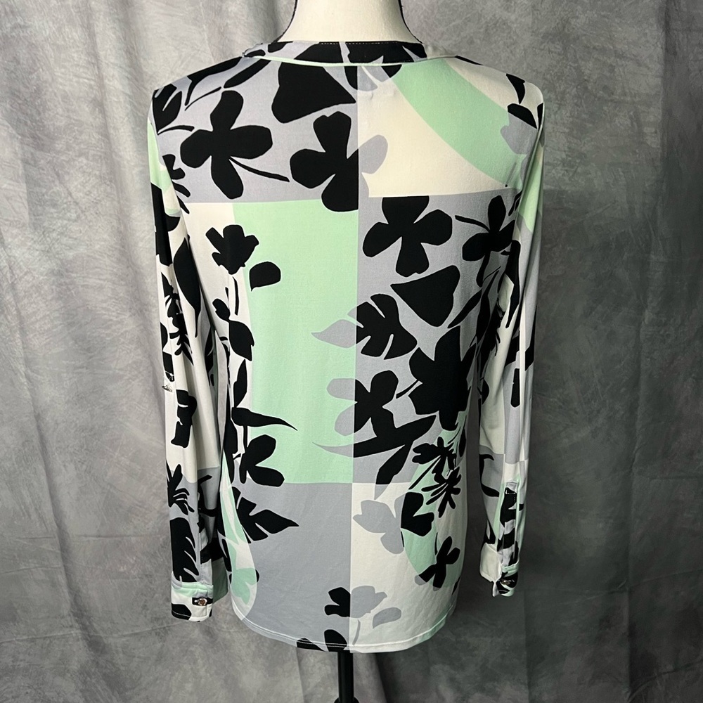 Dana Buchman Gray, Black, White and Mint Green Floral Print Button-Up Blouse - Picture 4 of 9
